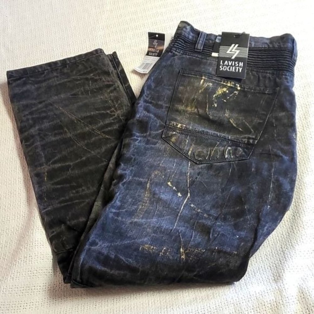 Lavish‎ Society Jet Black Gold Original Distressed Sz 40x32 Jeans w Pockets